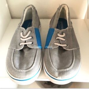 Sperry Boat Shoes, Voyager, gray and blue, size 2.5 kids